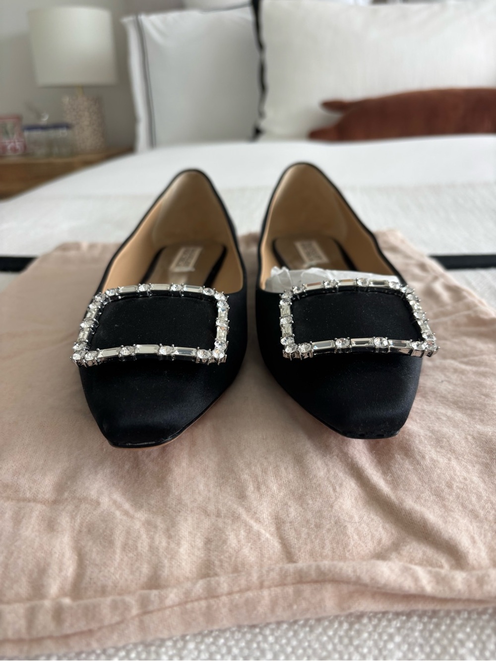 Badgley Mischka Black Satin Square-Buckle Pointed Flats Size 9.5 - Picture 4 of 7